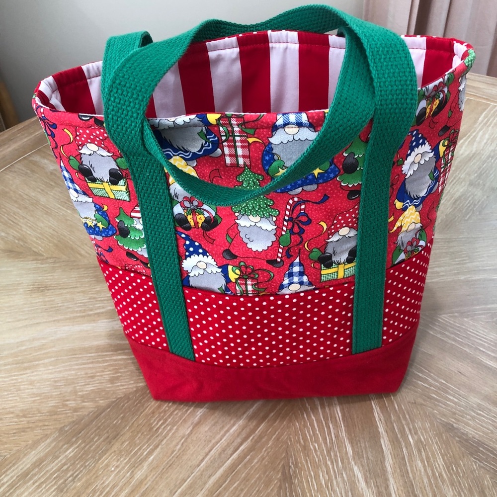 SM Red Whimsy Xmas Gnome Tote Bag Pockets Handmade Cotton Canvas Reusable Gift